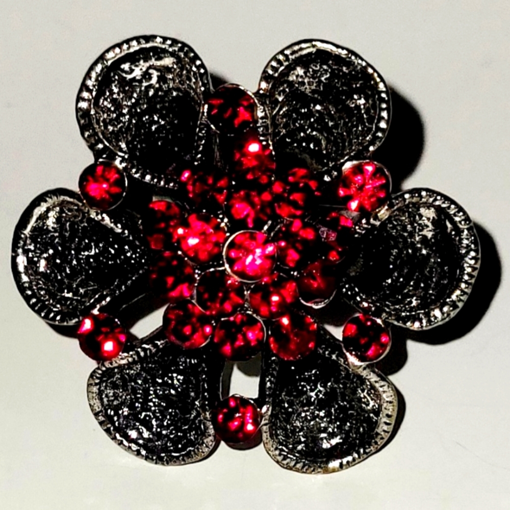 Vintage Ring, Rhinestone Red Floral Mod Adjustable Statement Ring